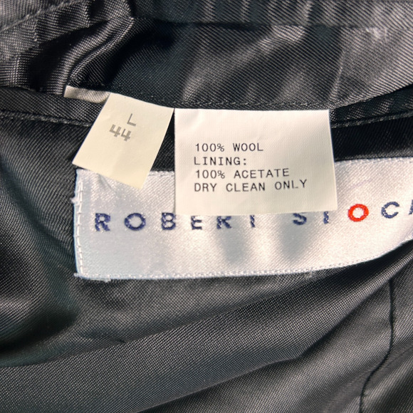 Robert Stock Blazer Mens 44L Navy Blue 100% Wool Herringbone Twill Sport Coat - Picture 11 of 12